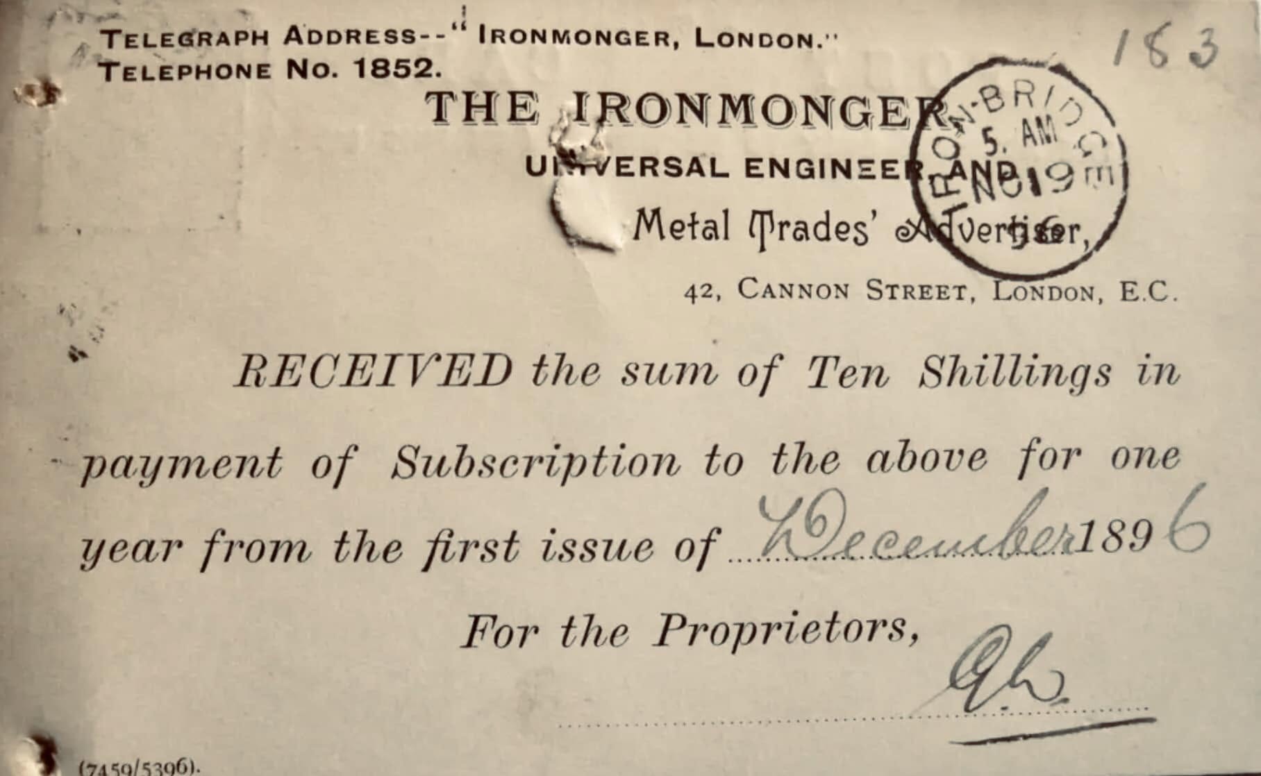 1896 receipt for F. G. Beddoes' subscription to The Ironmonger, a trade publication.