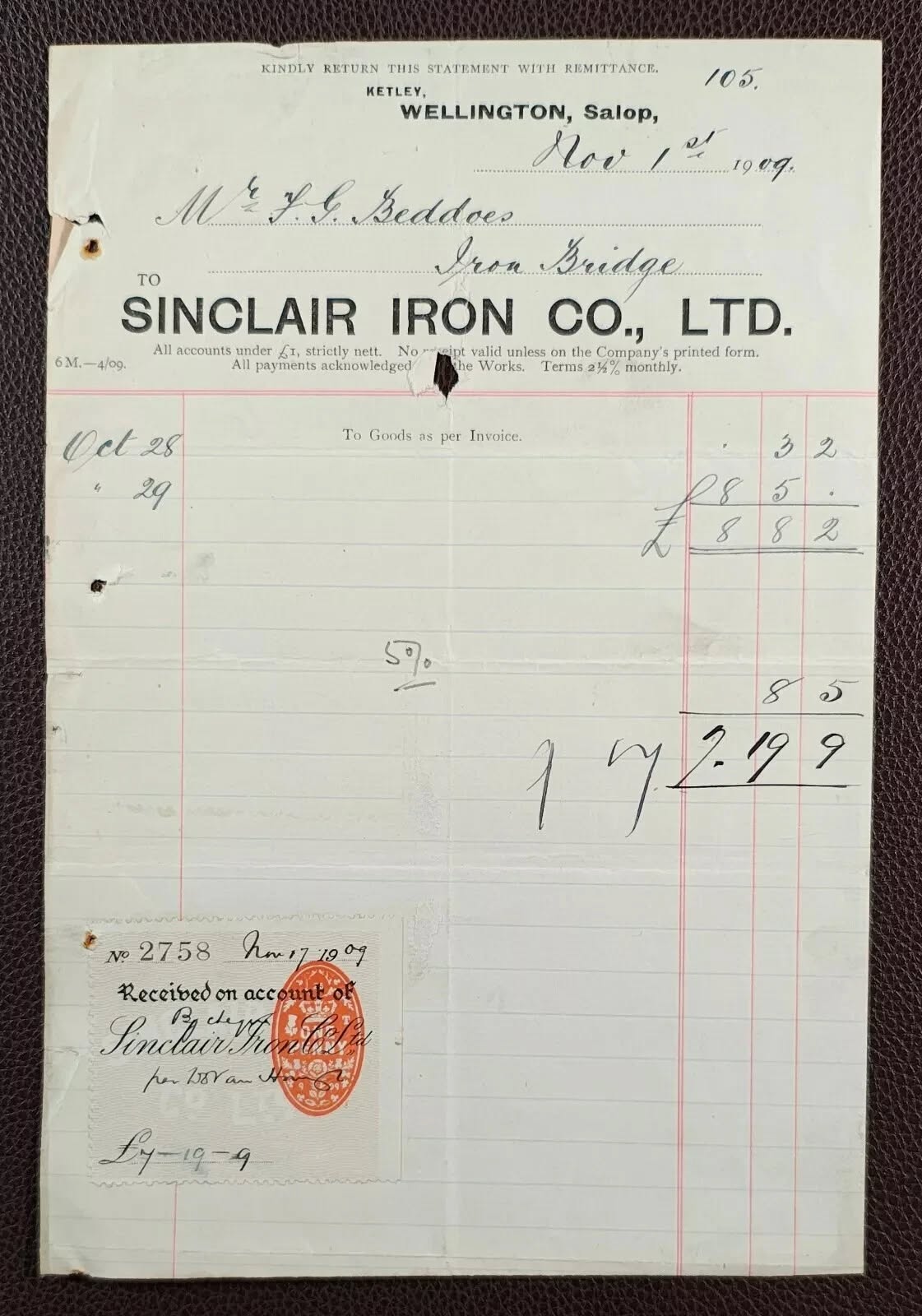 1909 statement addressed to F. G. Beddoes, Iron Bridge, from Sinclair Iron Co. Ltd of Ketley, Wellington.