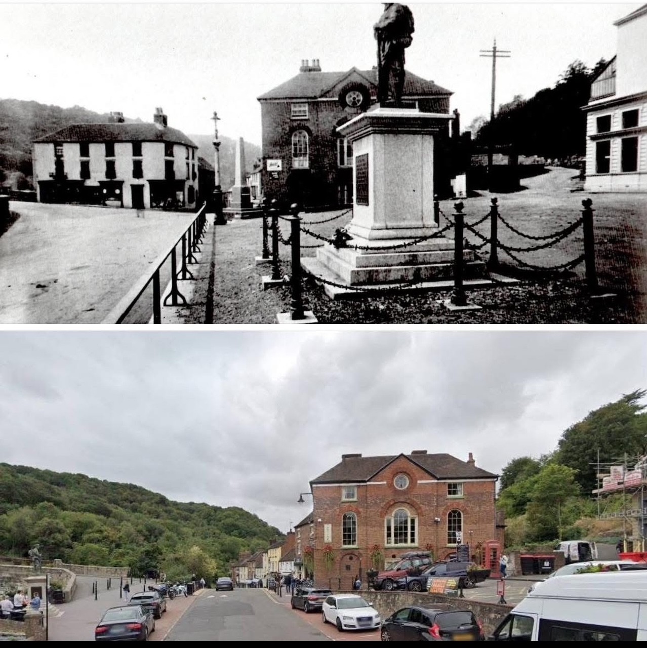 The war memorial in its original position, and the same corner today