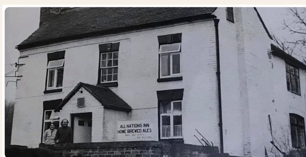 The All Nations Inn, Lee Dingle, Madeley, with its 'Home Brewed Ales' sign and the licensee and family in the doorway.