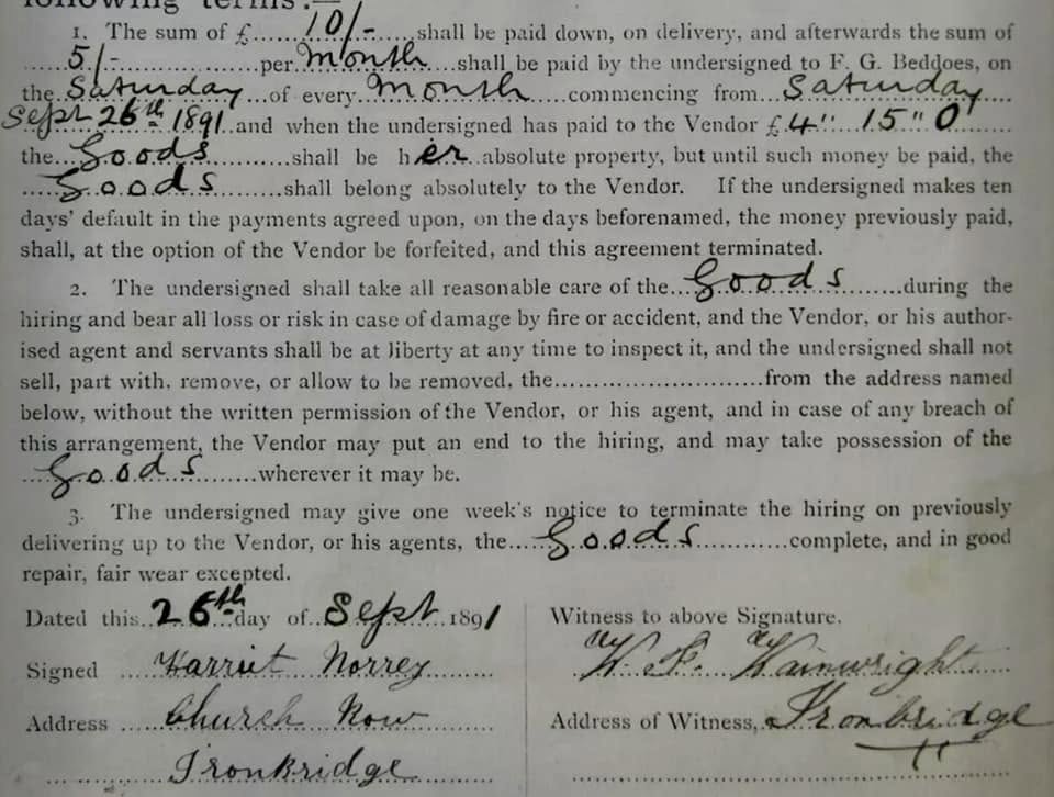 The signed final page of Harriet Morrey's sewing-machine agreement, dated 26 September 1891, giving her address as Church Row, Ironbridge.