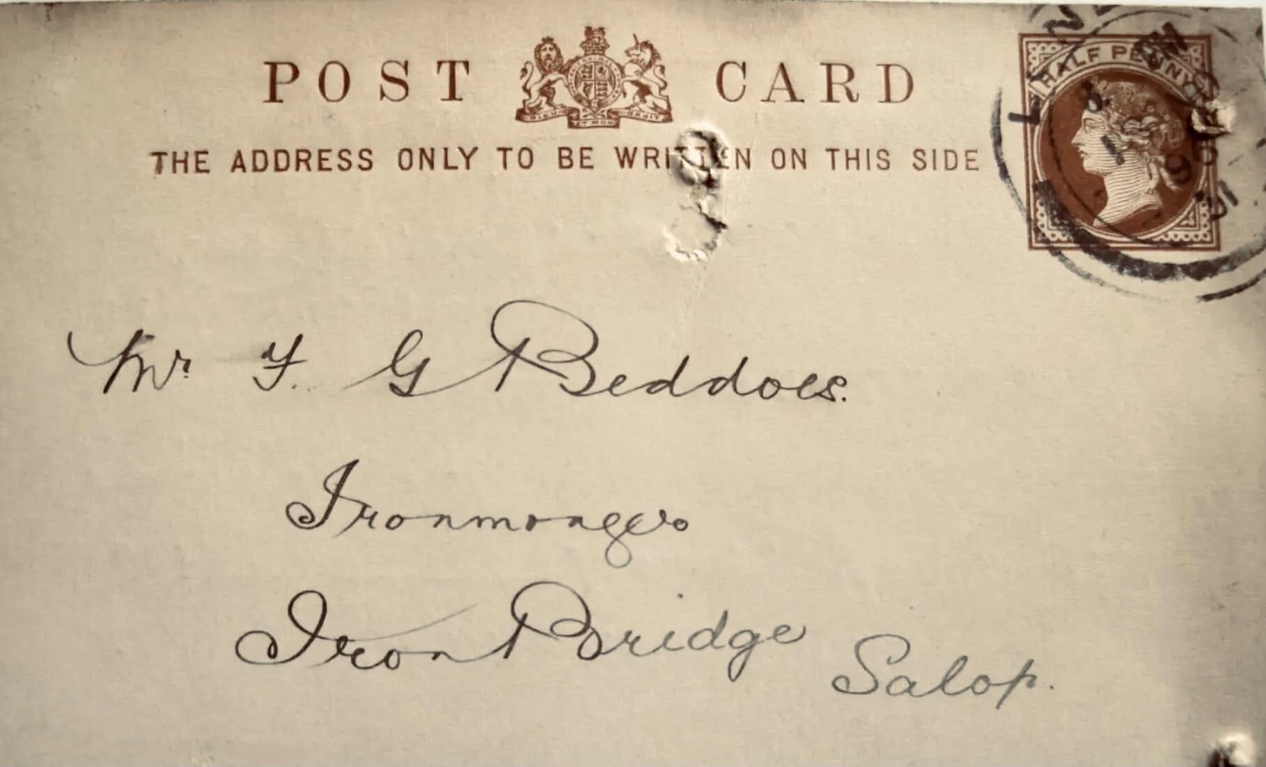 A postcard posted in 1899, addressed to Mr F. G. Beddoes, Ironmonger, Iron Bridge, Salop.