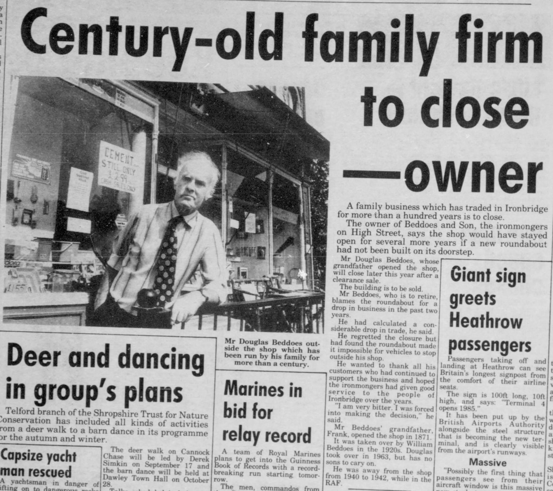 Newspaper cutting reporting the planned closure, with Douglas Beddoes outside the shop.