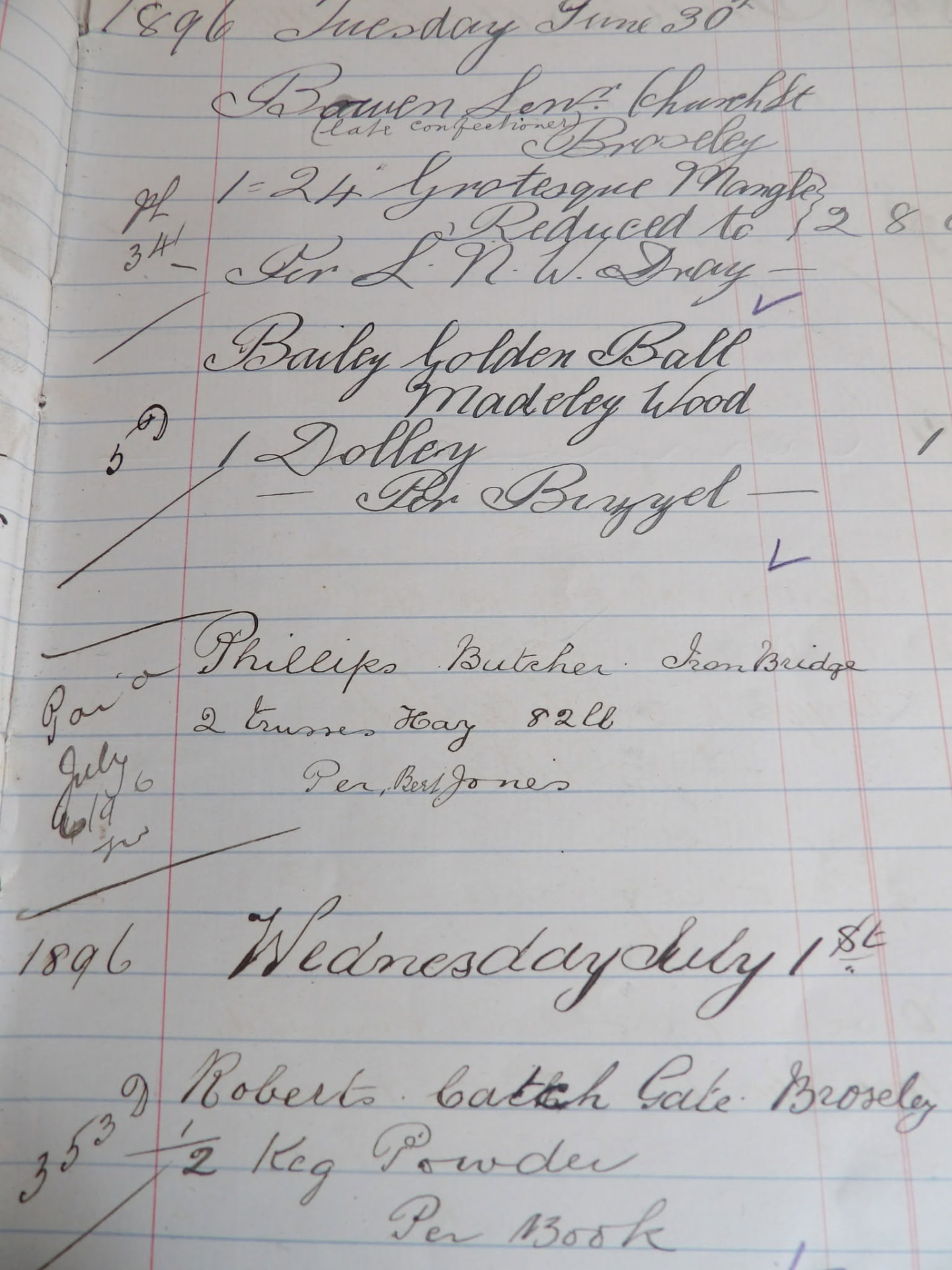 Page from the 1896 Beddoes ledger, including the entry for half a keg of powder.