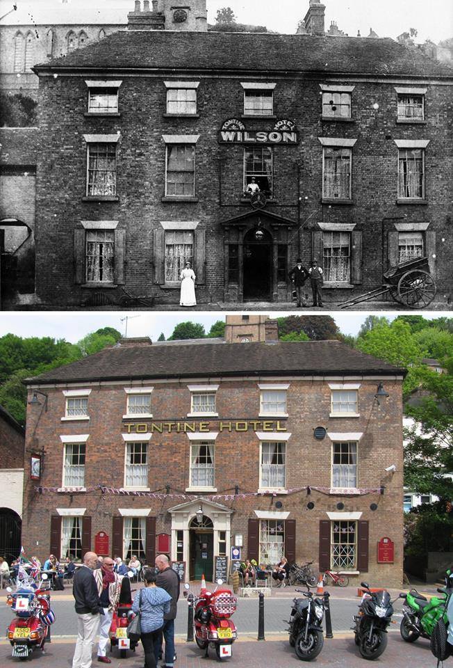 Then and now: the Tontine Hotel under the Wilson name, and the hotel today facing the Iron Bridge.