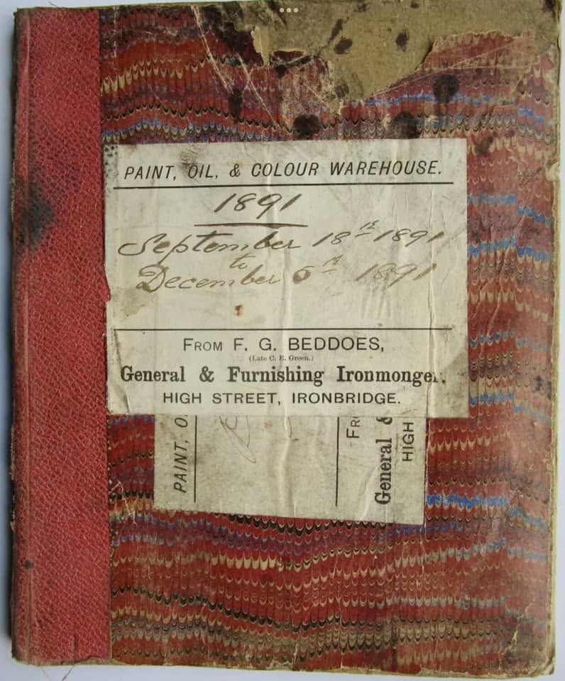 1891 book from F. G. Beddoes, General & Furnishing Ironmonger, High Street, Ironbridge.