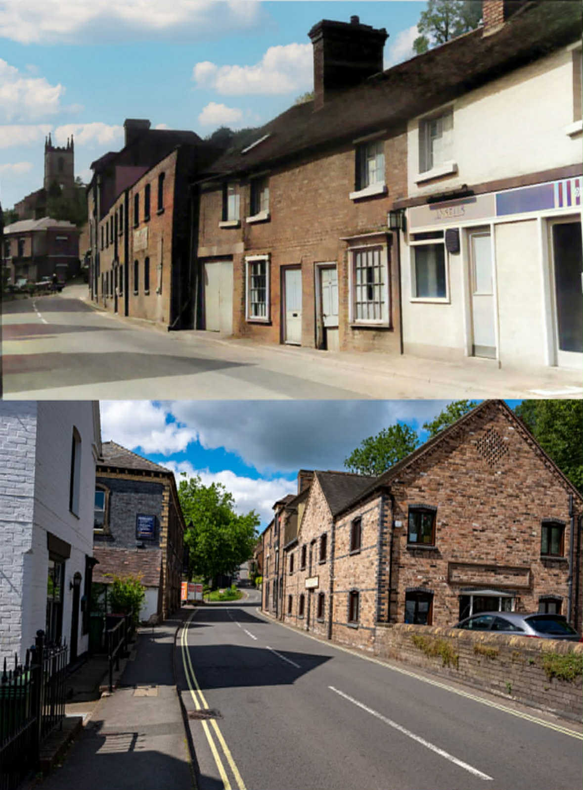 Then and now — the old row towards St Luke's, and the rebuilt street on the same line