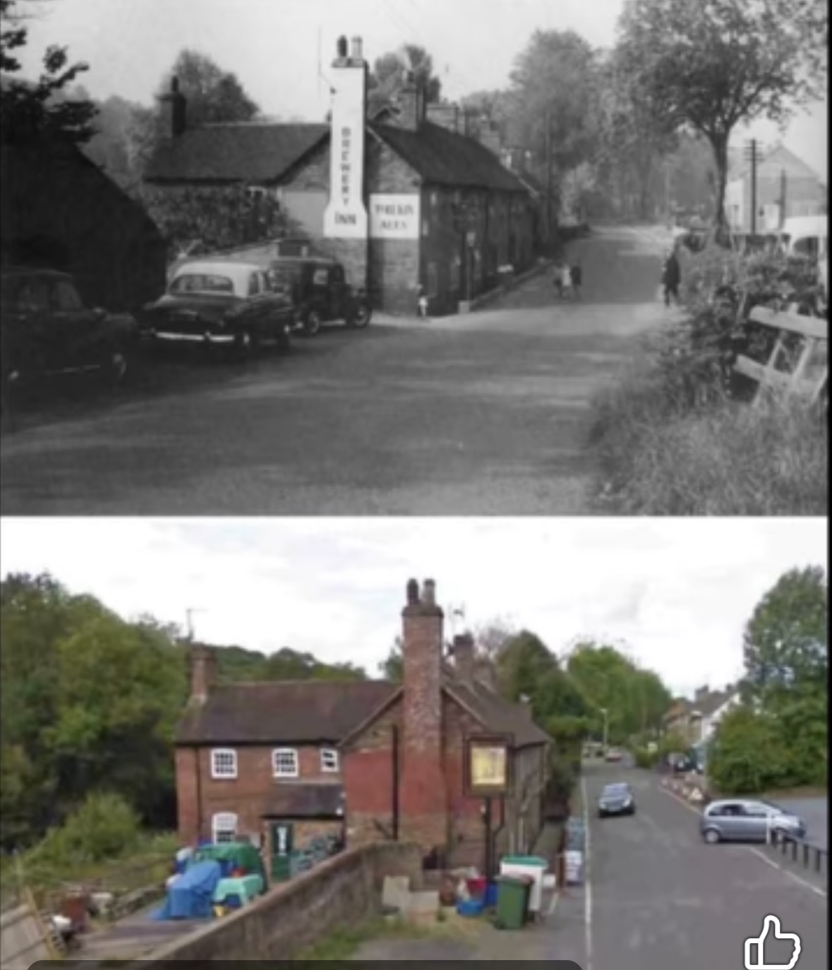 Then and now: the Brewery Inn with its painted gable advertising ales, and the same corner in more recent years.