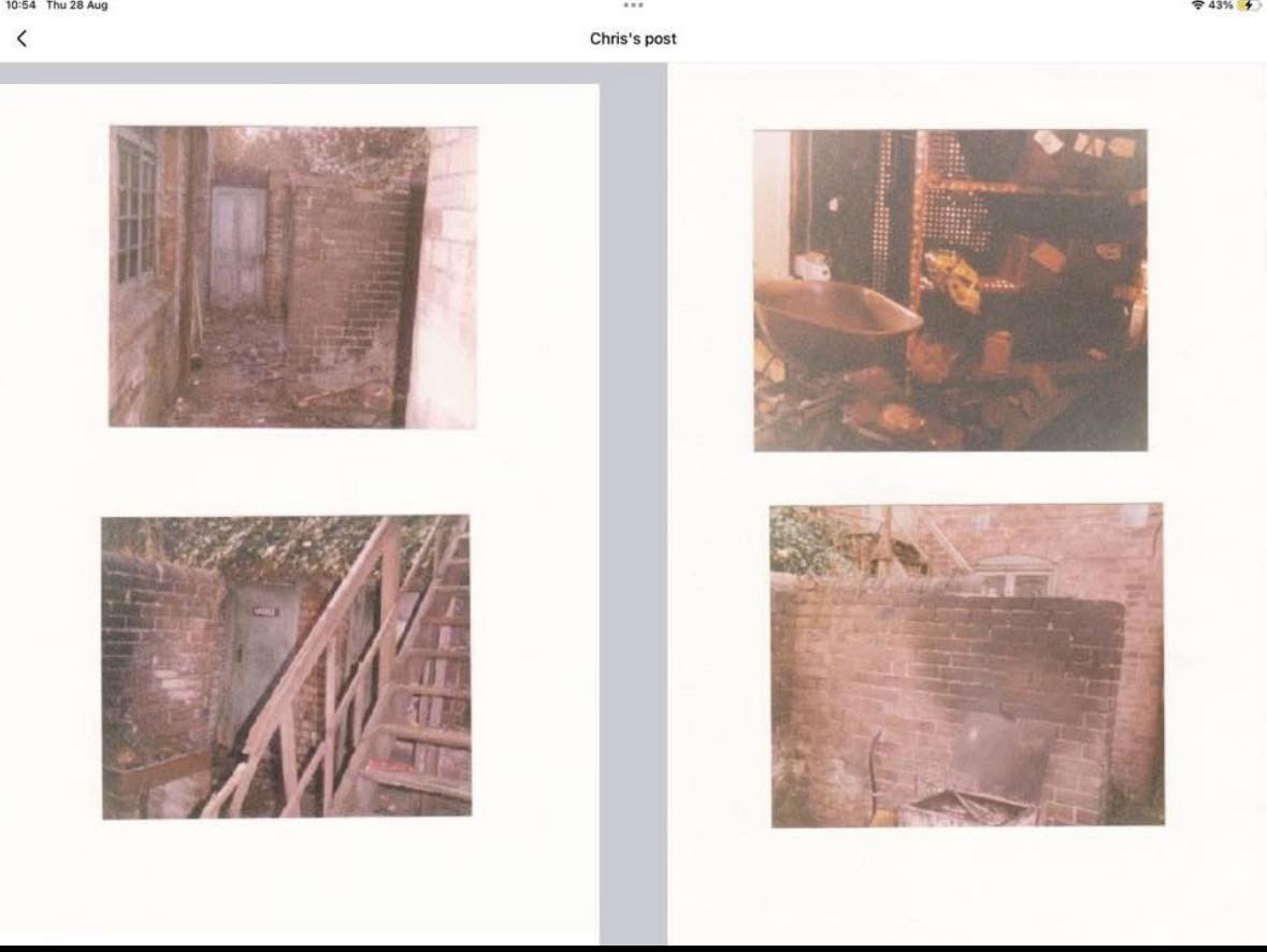 Photographs of the shop yard, stairs and storage areas around the time of closure.